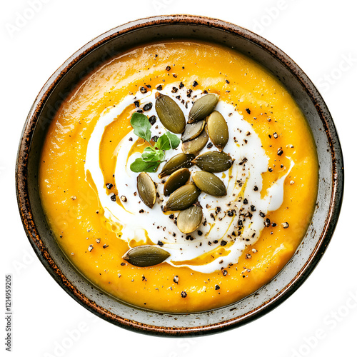 Creamy pumpkin soup garnished with pepitas and a swirl of cream.  A warm and comforting autumnal dish.