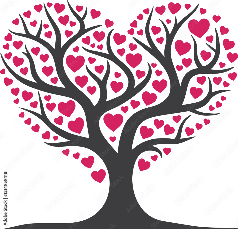 Fototapeta premium Heart-Shaped Tree with Pink Heart Leaves, Black Silhouette, and Minimalist Valentine's Day Design
