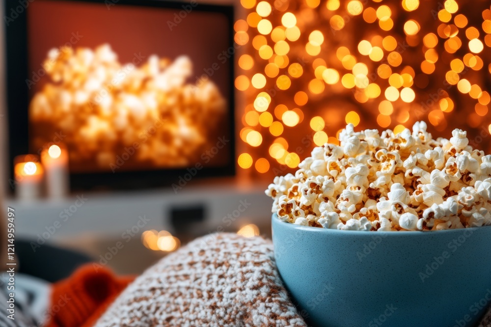 A romantic scene of a couple watching a movie together at home, cuddled under a warm blanket with popcorn in hand A romantic scene of a couple watching a movie together at home, cuddled under a warm blanket with popcorn in hand