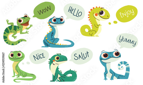 Set of flat vector illustrations in simple child style on white background. Cute lizards with big eyes, speech bubbles with lettering. Vector illustration