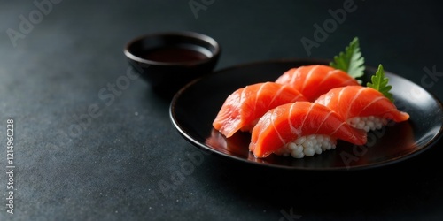 Delicious salmon nigiri sushi on dark plate with soy sauce