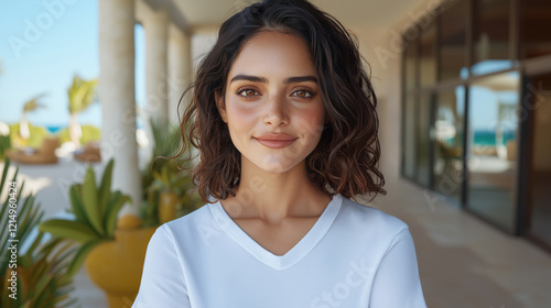 A Mexican woman Hostess welcoming guests at a tropical resort