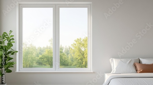 A serene bedroom scene featuring a large window with green outdoor views, a cozy bed, and a touch of nature inside.