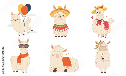 Vector set of flat vector illustrations in a simple children's style. Cute llama in straw hat, flying balloons, wearing Mexican hat and sunglasses. Vector illustration