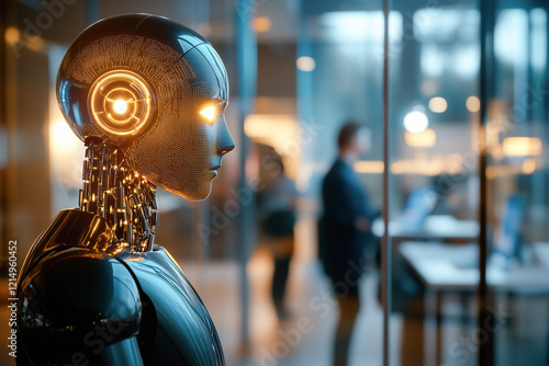 Futuristic innovative AI driven modern business office environment, agentic artificial intelligence, cybernetic, new ways of working, collaboration, creativity, ground breaking change