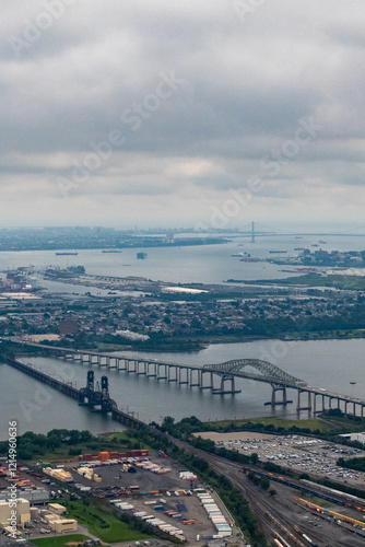 Aerial view of the Vincent R Casciano Memorial Bay Bridge across the Newark Bay and the Leigh Valley Railroad Lift Bridge btw Bayonne and Newark, New Jersey photo