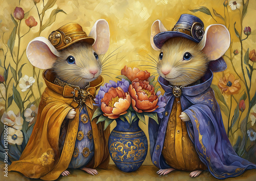 Whimsical illustration of Mice in regal in a childrens storybook setting