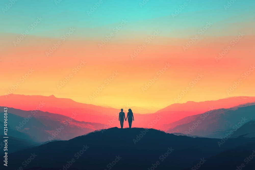 Silhouette of a couple holding hands, standing on a mountaintop at sunset, overlooking a vast, colorful landscape. Silhouette of a couple holding hands, standing on a mountaintop at sunset, overlooking a vast, colorful landscape.
