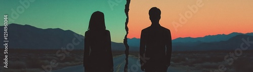 A poignant scene of separation showcasing a man and woman standing apart on a deserted road at sunset, symbolizing emotional distance and longing against a dramatic landscape.