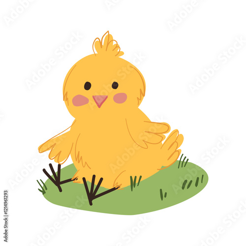 Adorable Yellow hand drawn Chick Sitting on Grass