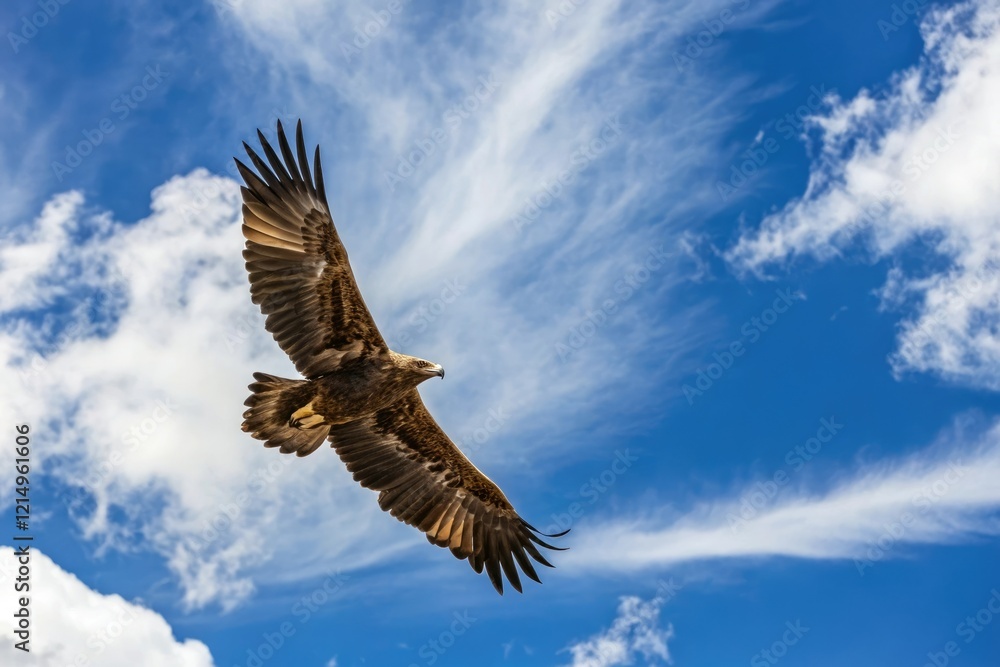Obraz premium A majestic golden eagle soaring above a vast expanse of blue sky with wispy white clouds, freedom, flight
