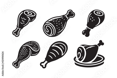  Set of chicken meat leg piece silhouette vector, isolated on white background