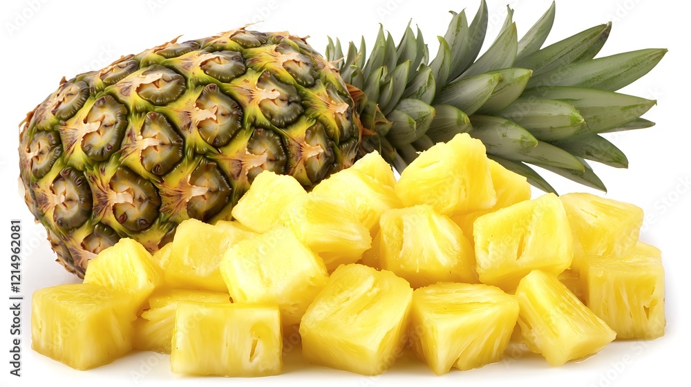 A combination of whole pineapples and freshly diced pineapple chunks scattered on a white backdrop, showcasing the juicy texture of the fruit