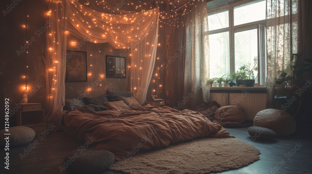Cozy and Romantic Bedroom Interior with Fairy Lights Cozy and Romantic Bedroom Interior with Fairy Lights