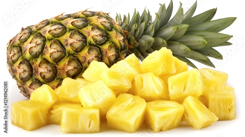 Obraz na płótnie A combination of whole pineapples and freshly diced pineapple chunks scattered on a white backdrop, showcasing the juicy texture of the fruit w salonie