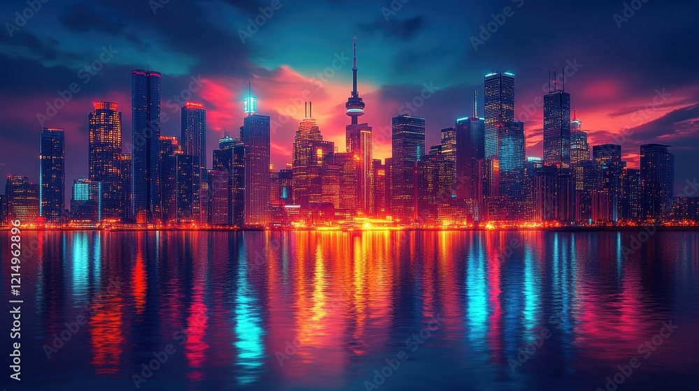 Fototapeta premium Vibrant city skyline reflections at night with colorful lights over water