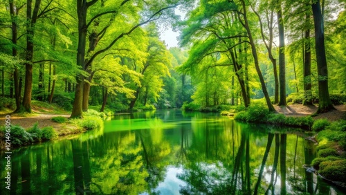 A lush green forest with tall trees and vibrant foliage surrounding a serene pond, pond, flora, landscape, foliage