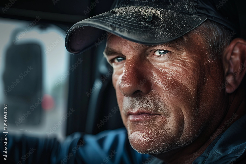 Generative AI image of a thoughtful truck driver in a cabin, portraying the life of a long-haul driver Generative AI image of a thoughtful truck driver in a cabin, portraying the life of a long-haul driver