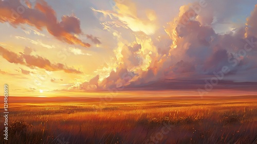 Wallpaper Mural Golden sunset over vast prairie; idyllic landscape; peaceful evening scene; nature background; perfect for travel brochures Torontodigital.ca