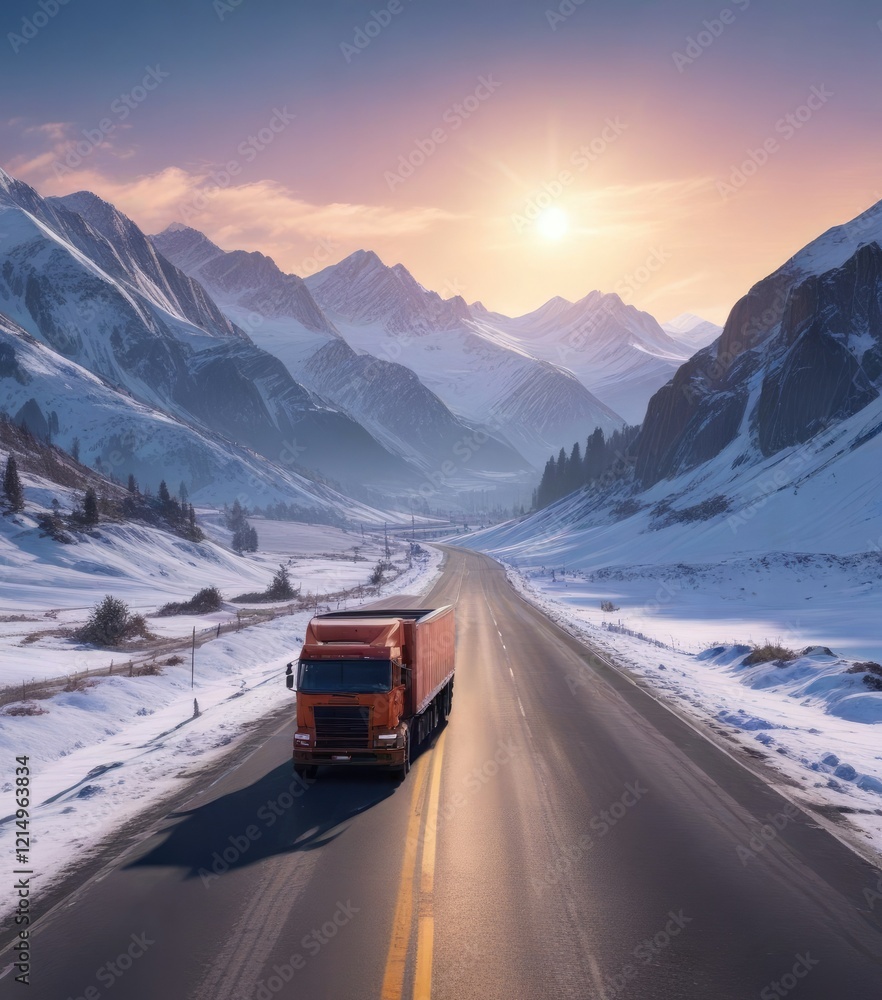 A lone truck drives on a snow-covered asphalt road with mountains in the background, snowy mountain landscape, cold weather, icy road A lone truck drives on a snow-covered asphalt road with mountains in the background, snowy mountain landscape, cold weather, icy road