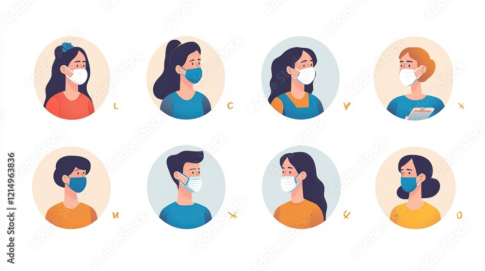 Fototapeta premium Icon set depicting diverse individuals practicing preventive healthcare through mask-wearing