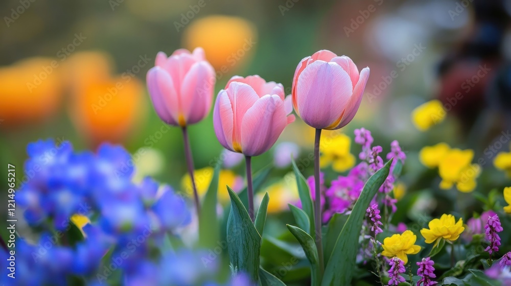 Pink Tulips in a Colorful Garden Pink Tulips in a Colorful Garden