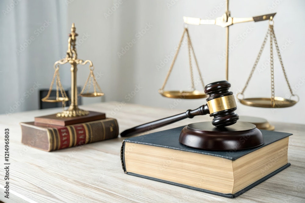 A law book is balanced on a gavel with scales of justice and various judicial symbols, policies, court, legislation, justice, judge A law book is balanced on a gavel with scales of justice and various judicial symbols, policies, court, legislation, justice, judge