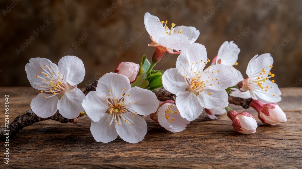 Delicate White Blossoms on Rustic Wooden Surface Delicate White Blossoms on Rustic Wooden Surface