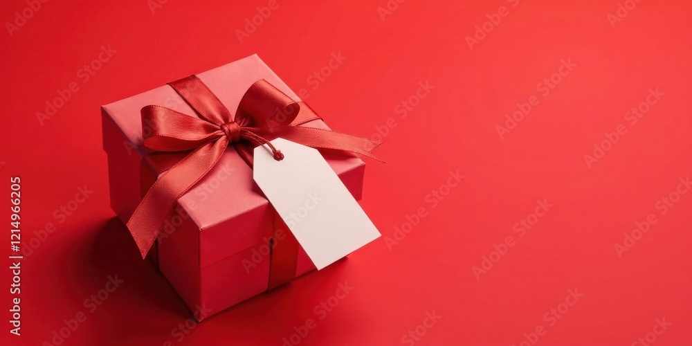 A red gift box with a satin ribbon and a blank tag rests on a matching red background, perfect for a celebratory message or seasonal greeting. A red gift box with a satin ribbon and a blank tag rests on a matching red background, perfect for a celebratory message or seasonal greeting.