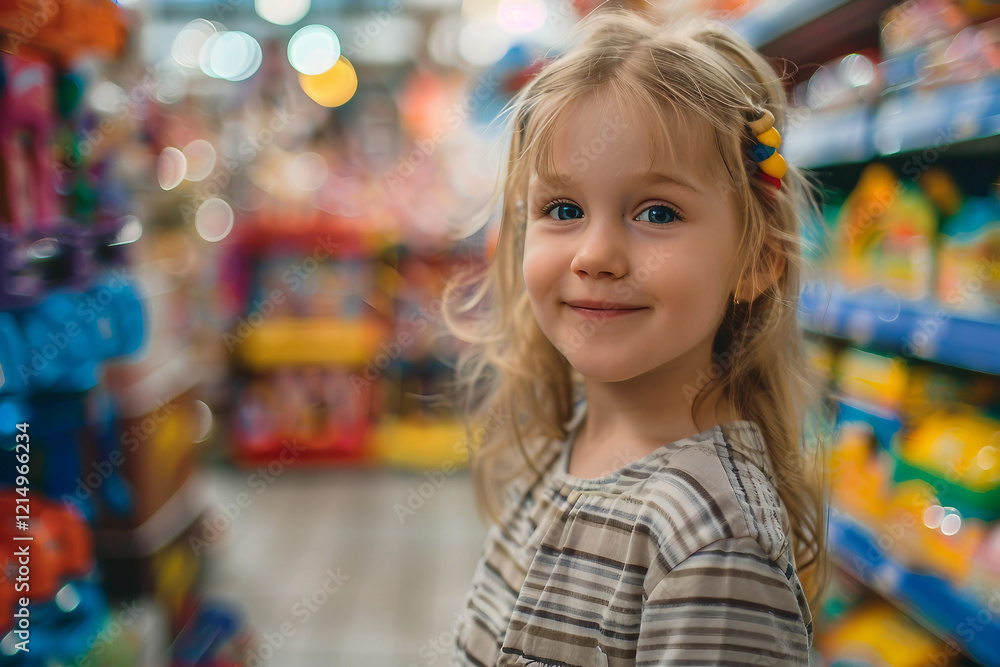 Generative AI image of a cheerful child enjoying a visit to a colorful toy store Generative AI image of a cheerful child enjoying a visit to a colorful toy store