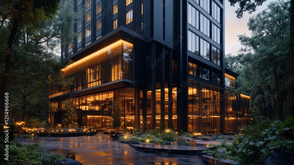 Fototapeta premium Modern Hotel Building Illuminated At Night Surrounded By Trees