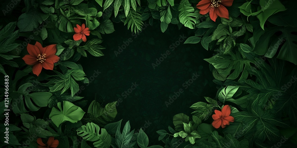 Lush Tropical Foliage Frame with Vibrant Red Flowers Dark Green Background Nature Photography Lush Tropical Foliage Frame with Vibrant Red Flowers Dark Green Background Nature Photography