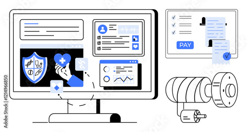Computer screen displaying medical records, patient care information, charts, and health icons. Payment transaction screen with invoices and approval mark. Medical testing instrument. Ideal