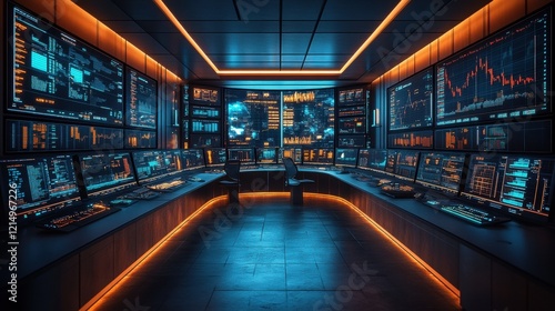 Futuristic financial trading room with neon lights and multiple monitors
