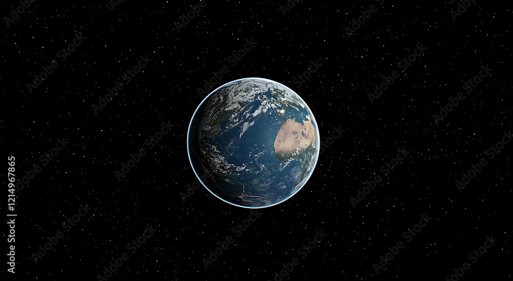 Abstract blue glowing planet Earth with a starry sky background, a space view of the Earth in the dark night with sun rays and stars. Planet Earth illustration.