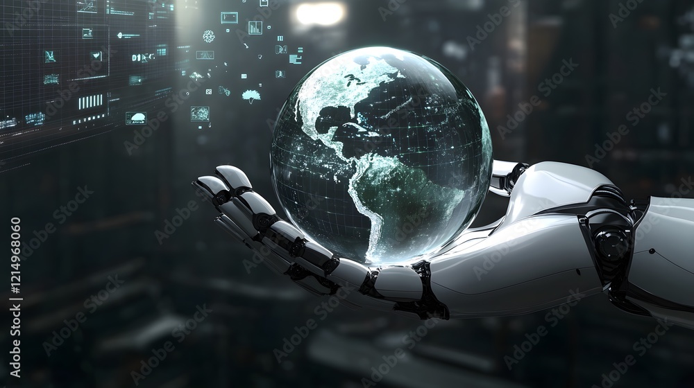 Fototapeta premium Robotic Hand Gently Holding A Transparent Earth Globe