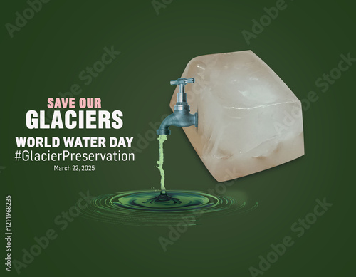 World water day poster concept. Ice burg isolated water drop shadow with dark green background. 2025 world water day theme- Glacier Preservation. Save our glaciers. 22 March photo