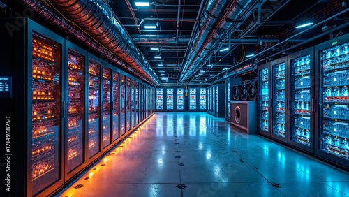 High-tech Bitcoin mining facility with advanced LED-lit rigs, industrial setting, and real-time data analytics for cryptocurrency marketing and blockchain technology articles. photo