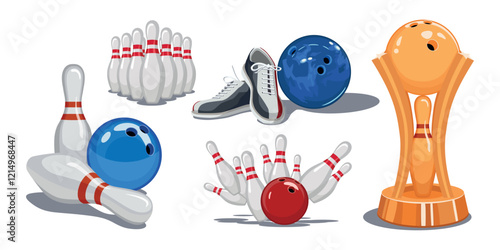 Set of bowling pins and balls in cartoon style. Vector illustration of bowling games standing skittles, knocked out a strike, sneakers, cup for first place on white background.