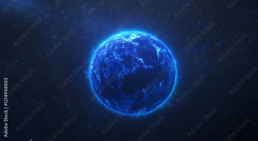Obraz premium Abstract blue glowing planet Earth with a starry sky background, a space view of the Earth in the dark night with sun rays and stars. Planet Earth illustration.