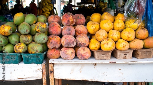 A mix of tropical fruits like bananas, passion fruit, and mangoes, arranged neatly on a white surface, highlighting their exotic textures and bright hues photo