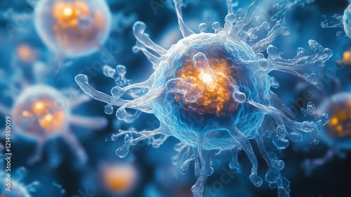 Microscopic view of glowing blue virus cells in motion