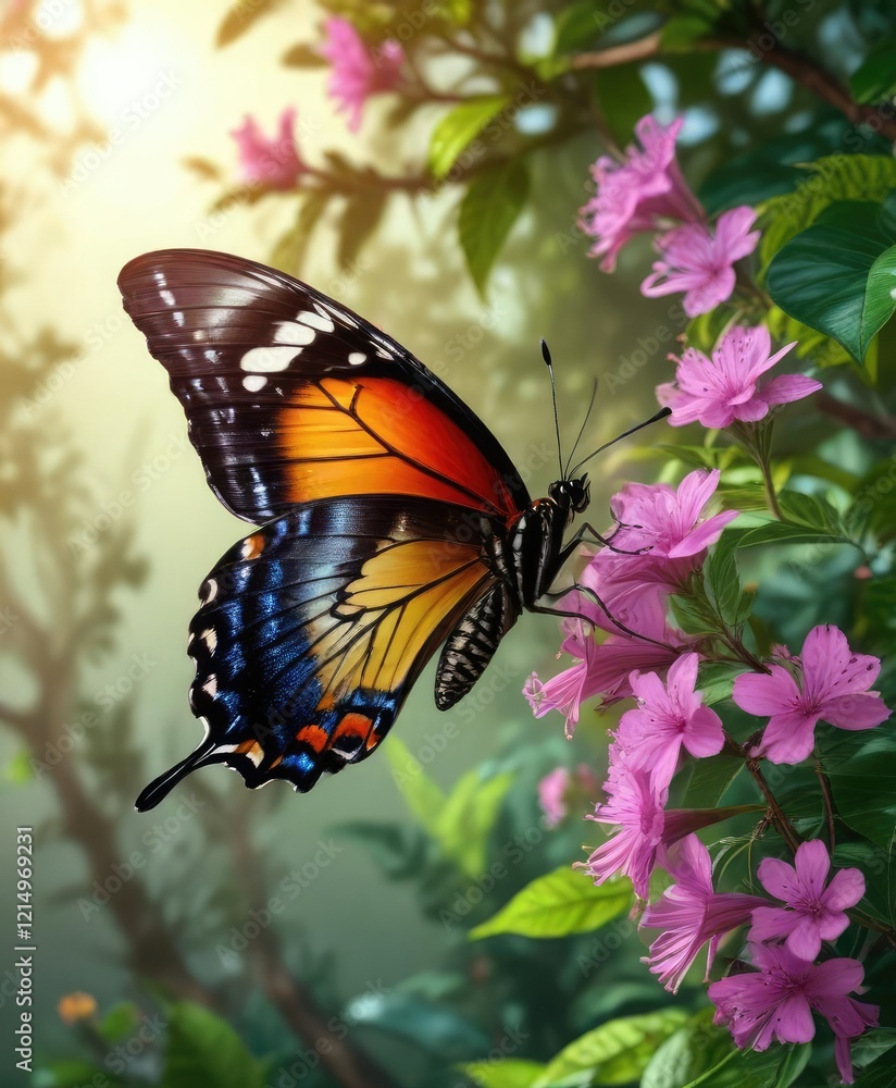 A colorful butterfly sipping nectar from a flower in a tree's foliage, entomology, flowers A colorful butterfly sipping nectar from a flower in a tree's foliage, entomology, flowers