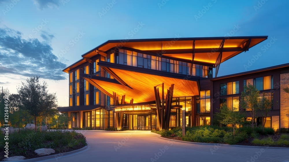 Modern Hotel Entrance Illuminated at Dusk Modern Hotel Entrance Illuminated at Dusk