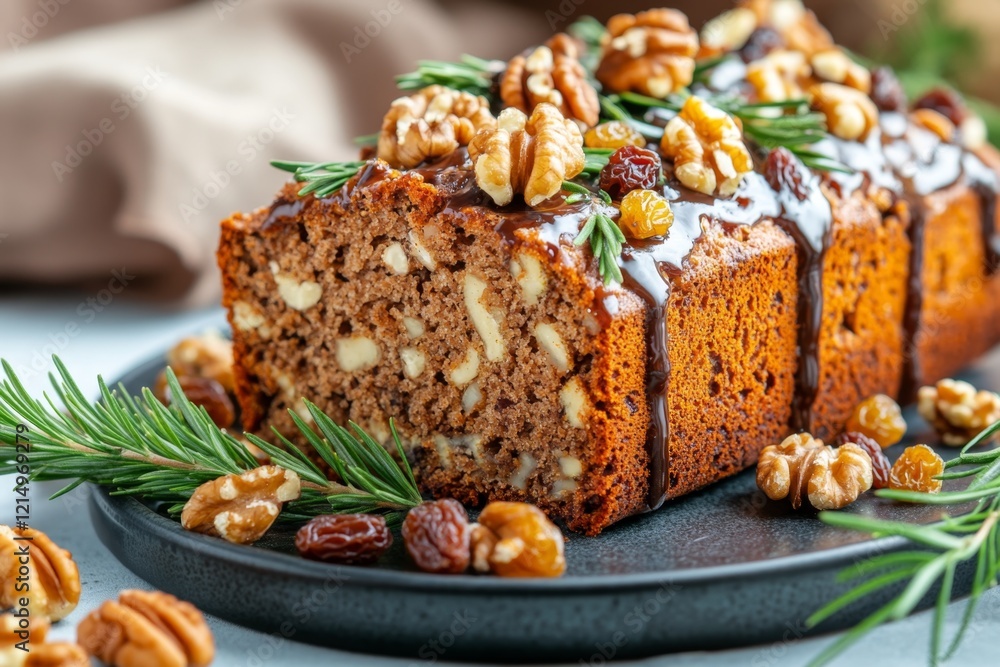A zucchini bread loaf served on a modern ceramic platter, with walnuts and raisins scattered around as garnish A zucchini bread loaf served on a modern ceramic platter, with walnuts and raisins scattered around as garnish
