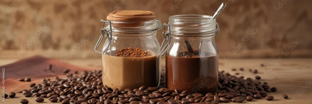 A colorful arrangement of coffee-related items, such as beans, grounds, and syrups, in a glass jar , container, product, arrangement A colorful arrangement of coffee-related items, such as beans, grounds, and syrups, in a glass jar , container, product, arrangement