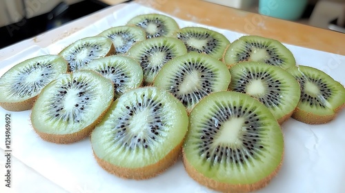 Sliced kiwi laid out neatly on a white surface, with each slice showing off the fresh green color and seeds inside, arranged for visual symmetry photo