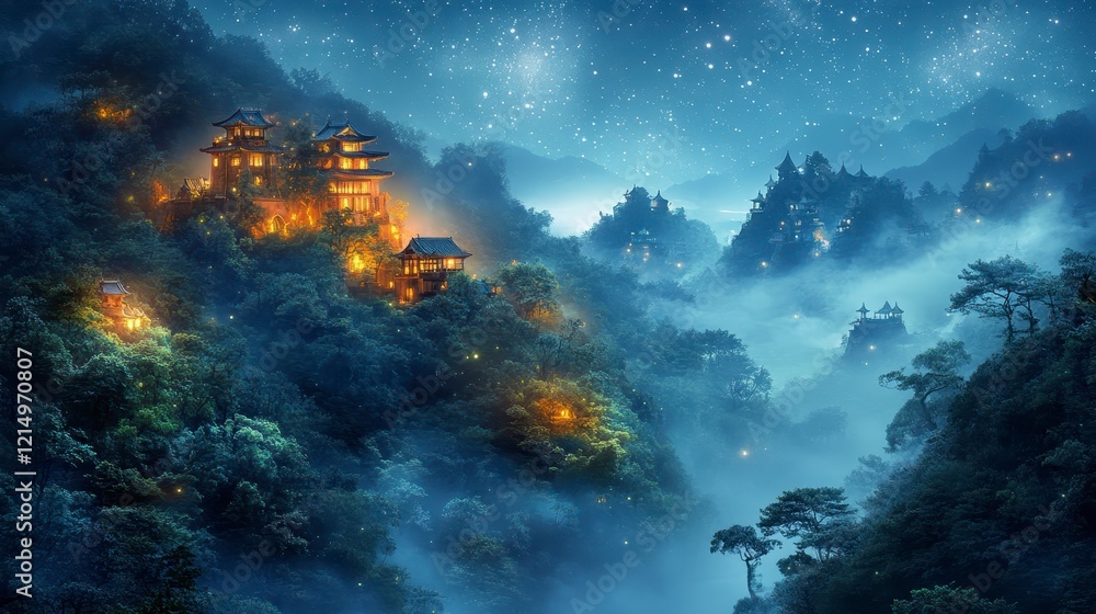 Enchanted Mountain Village Under a Starlit Sky Enchanted Mountain Village Under a Starlit Sky