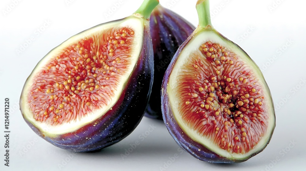 A ripe fig sliced in half, revealing its rich, red interior with tiny seeds, placed on a clean white surface for contrast A ripe fig sliced in half, revealing its rich, red interior with tiny seeds, placed on a clean white surface for contrast