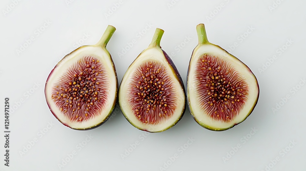 A ripe fig split open to show its sweet, red flesh with tiny seeds, arranged neatly on a white backdrop to highlight its texture and color A ripe fig split open to show its sweet, red flesh with tiny seeds, arranged neatly on a white backdrop to highlight its texture and color